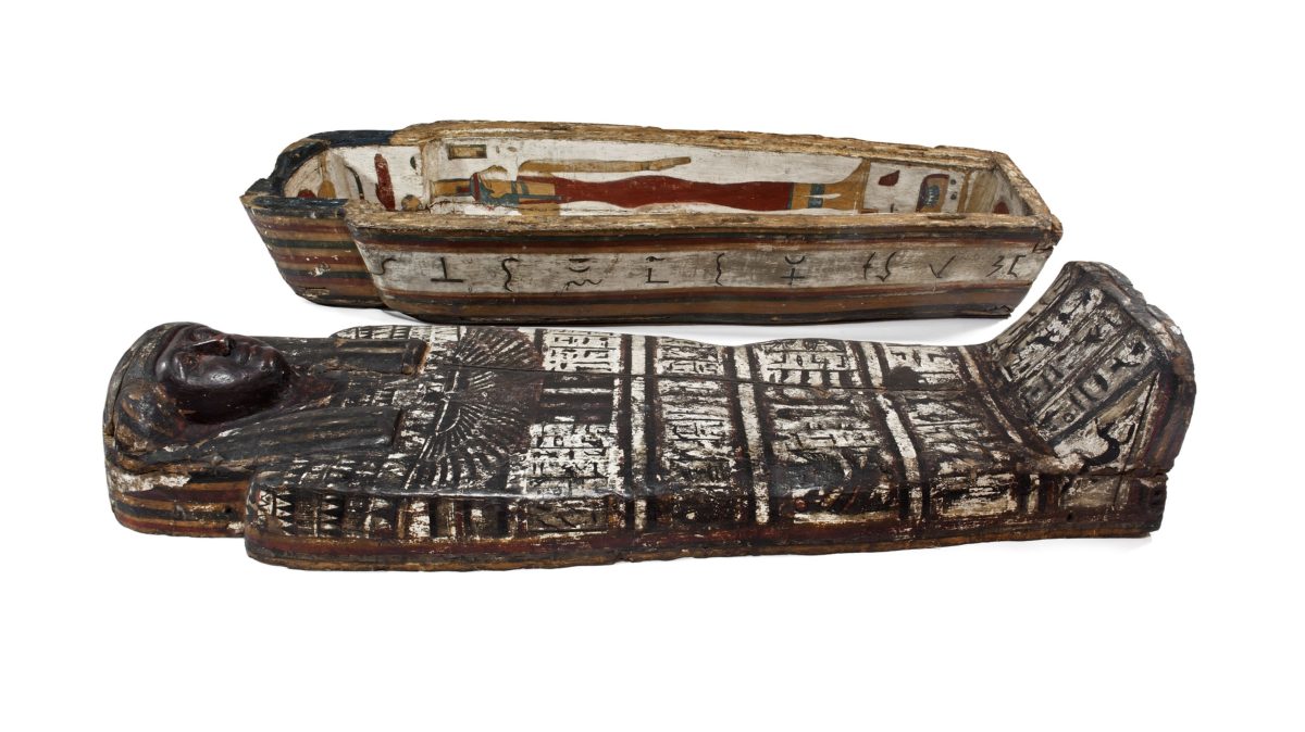 Outer coffin and inner coffin of the mummy of Ta-Kheru (Ta-Khar), daughter of Tha-en-meh